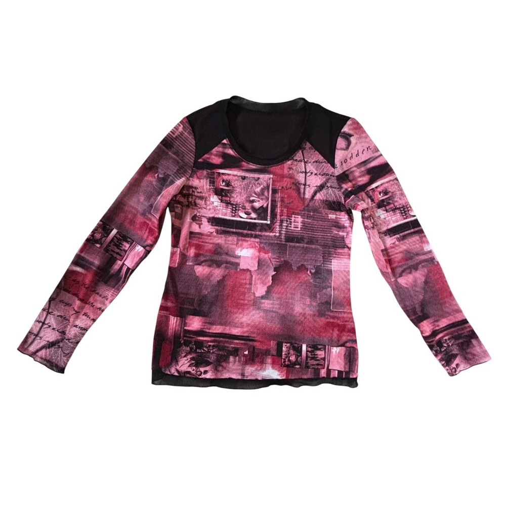 Womens Abstract Collage Print Mesh Long Sleeve Top Burgundy Black Y2K Grunge